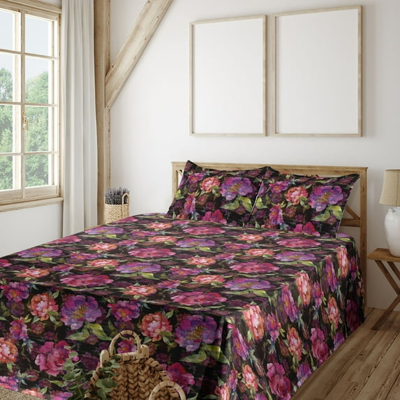 Ambesonne Floral Fitted & Flat Sheet with Shams 4 Pcs Set, Peony Flowers Spring Vibes, Full, Purple Pink Salmon