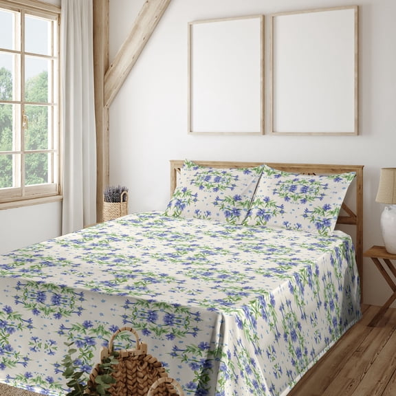 Ambesonne Floral Fitted & Flat Sheet with Shams 4 Pcs Set, Periwinkle Flowers Pattern, King, Violet Blue and Peacock Green