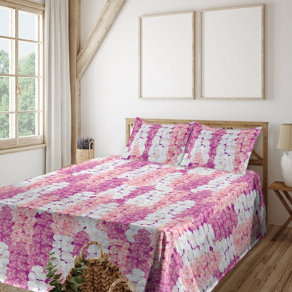 Ambesonne Floral Fitted & Flat Sheet with Shams 4 Pcs Set, Pink White Lilac Flowers, Full, Pale Fuchsia and Rose