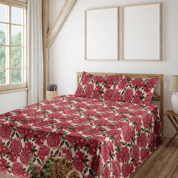 Ambesonne Floral Fitted & Flat Sheet with Shams 4 Pcs Set, Red Roses Romantic Pattern, Queen, Pastel Pink and Green Brown