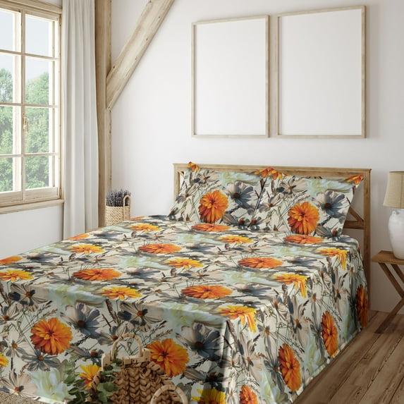 Ambesonne Floral Fitted & Flat Sheet with Shams 4 Pcs Set, Retro Garden Flower Petals, Full, Marigold Ivory and Eggshell