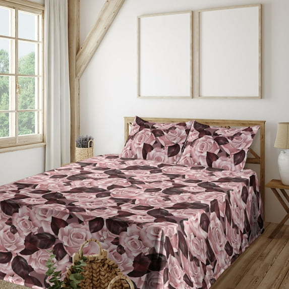 Ambesonne Floral Fitted & Flat Sheet with Shams 4 Pcs Set, Romance Painting Roses Print, Full, Dark Maroon Pale Pink