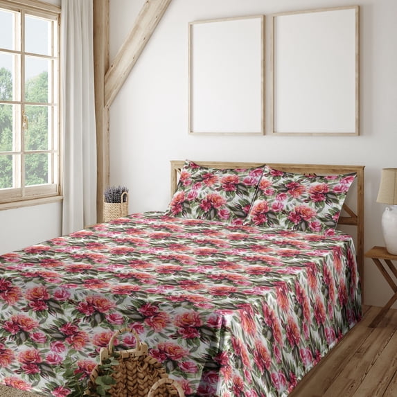 Ambesonne Floral Fitted & Flat Sheet with Shams 4 Pcs Set, Rose Botanical Scene Plot, Calking, Dark Coral and Army Green