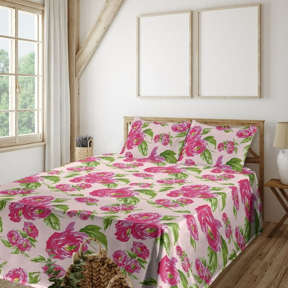 Ambesonne Floral Fitted & Flat Sheet with Shams 4 Pcs Set, Rose Flowers Vintage Pattern, Calking, Dark Coral Reseda Green