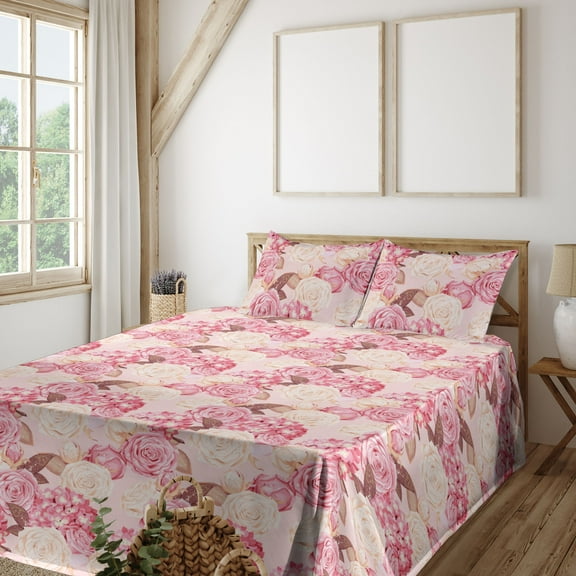 Ambesonne Floral Fitted & Flat Sheet with Shams 4 Pcs Set, Rose Hydrangea Flowers Plot, King, Pastel Pink Pale Peach