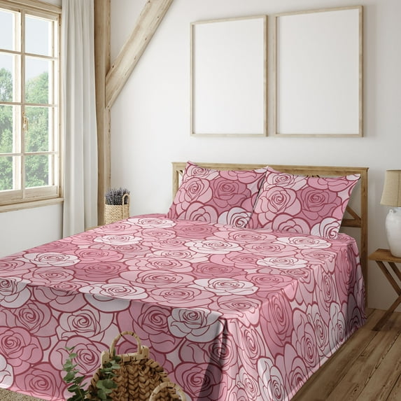 Ambesonne Floral Fitted & Flat Sheet with Shams 4 Pcs Set, Rose Scene Pattern Neutral, Full, Soft Pink Pale Mauve