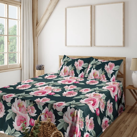 Ambesonne Floral Fitted & Flat Sheet with Shams 4 Pcs Set, Roses Lovers Flowers Artwork, Full, Laurel Green Pale Pink