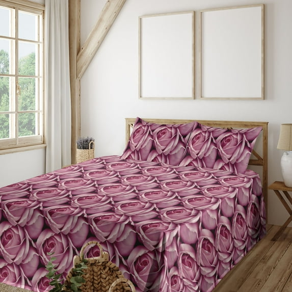 Ambesonne Floral Fitted & Flat Sheet with Shams 4 Pcs Set, Roses Petals Spring Romance, Queen, Pink and Plum
