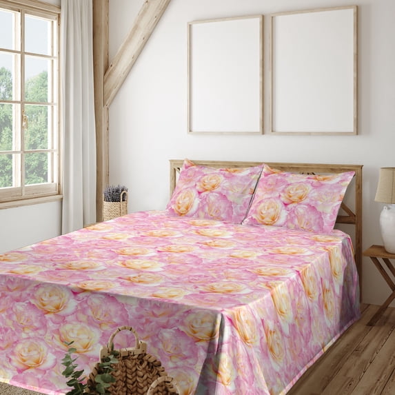 Ambesonne Floral Fitted & Flat Sheet with Shams 4 Pcs Set, Roses Valentine Nature Art, Calking, Pastel Pink and Pale Fuchsia