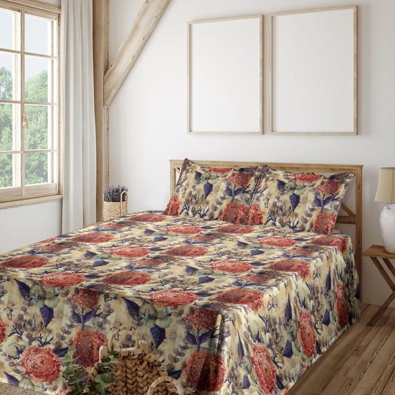 Ambesonne Floral Fitted & Flat Sheet with Shams 4 Pcs Set, Rustic Pattern Cotton Blooms, King, Salmon Quartz Camel