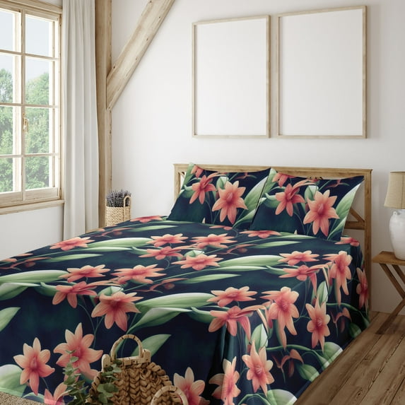 Ambesonne Floral Fitted & Flat Sheet with Shams 4 Pcs Set, Season of Summer Blooms Art, Calking, Indigo Peacock Green