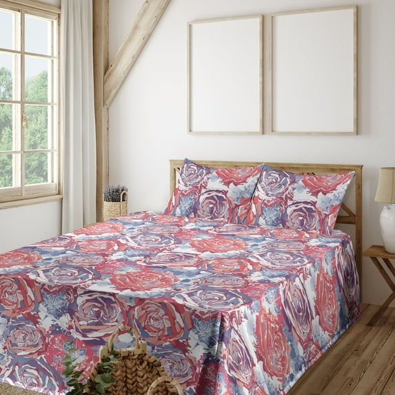 Ambesonne Floral Fitted & Flat Sheet with Shams 4 Pcs Set, Simplistic Retro Roses Art, Full, Dark Coral Lavender Blue