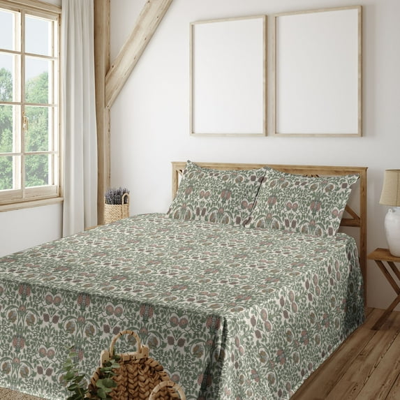 Ambesonne Floral Fitted & Flat Sheet with Shams 4 Pcs Set, Swirly Branches Flowers Art, King, Beige Peacock Green Peach