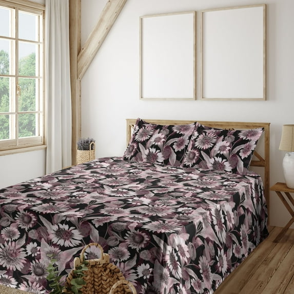 Ambesonne Floral Fitted & Flat Sheet with Shams 4 Pcs Set, Vintage Art Flower Pattern, Full, Dark Mauve Grey Black