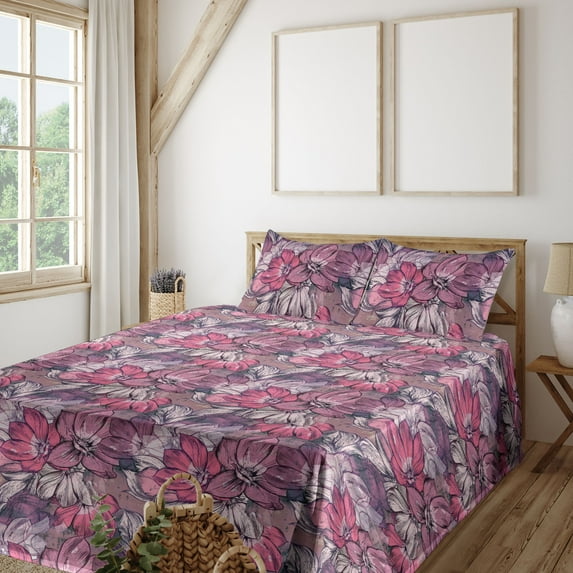 Ambesonne Floral Fitted & Flat Sheet with Shams 4 Pcs Set, Vintage Art Magnolia Flowers, King, Pastel Pink and Pale Eggplant