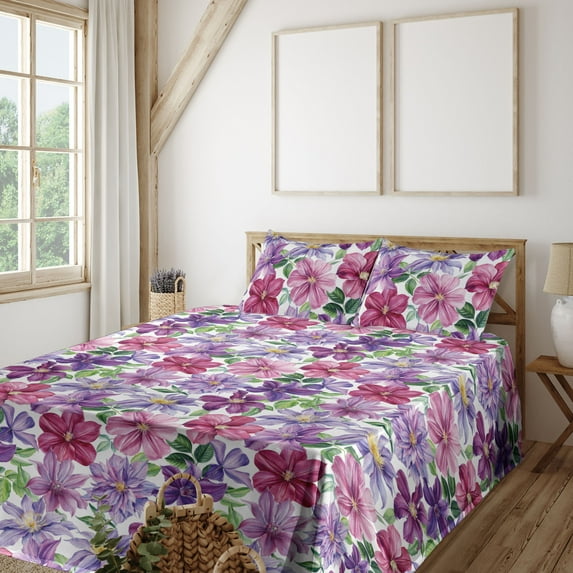 Ambesonne Floral Fitted & Flat Sheet with Shams 4 Pcs Set, Vintage Atmosphere Flowers, Calking, Lilac Indigo and Magenta