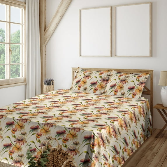 Ambesonne Floral Fitted & Flat Sheet with Shams 4 Pcs Set, Vintage Botanical Flower Art, Queen, Cream Pistachio Green