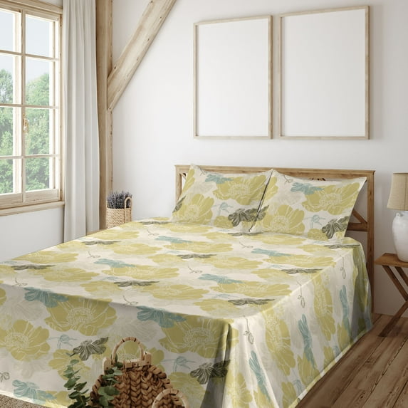 Ambesonne Floral Fitted & Flat Sheet with Shams 4 Pcs Set, Vintage Flowers Simplified, Full, Pale Yellow Green and Grey