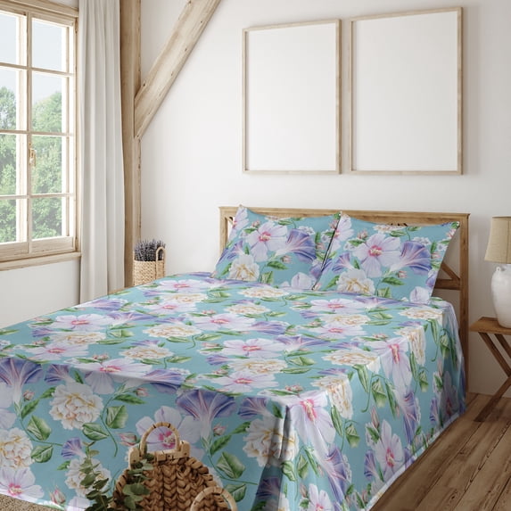 Ambesonne Floral Fitted & Flat Sheet with Shams 4 Pcs Set, Vintage Hibiscus Roses Print, Calking, Lilac Seafoam and Green
