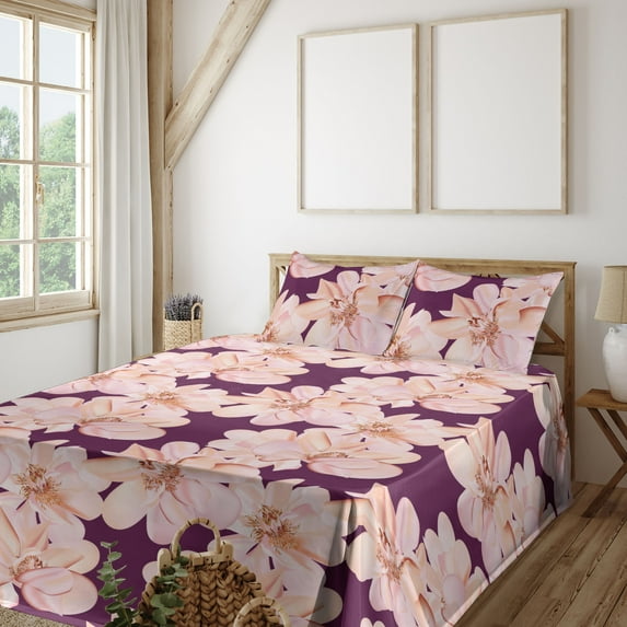 Ambesonne Floral Fitted & Flat Sheet with Shams 4 Pcs Set, Vintage Pastel Rose Pattern, King, Peach Blush and Plum