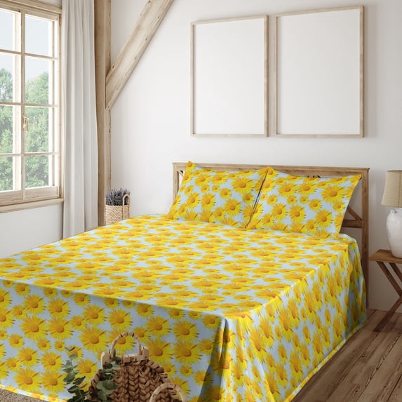 Ambesonne Floral Fitted & Flat Sheet with Shams 4 Pcs Set, Vintage Sunflower Sky Art, Full, Soft Blue Marigold Yellow