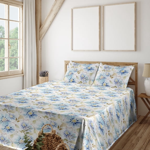 Ambesonne Floral Fitted & Flat Sheet with Shams 4 Pcs Set, Watercolor Blossom Fashion, Calking, Dark Blue Grey and Ginger