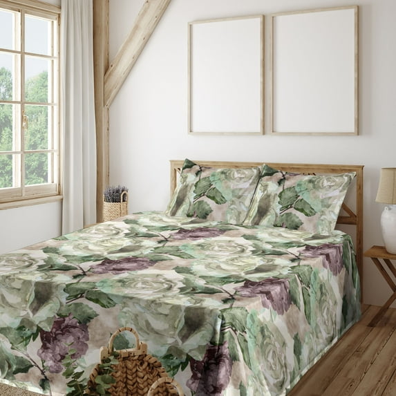 Ambesonne Floral Fitted & Flat Sheet with Shams 4 Pcs Set, Watercolor Peony Roses Print, Calking, Mauve Taupe Grey Yellow