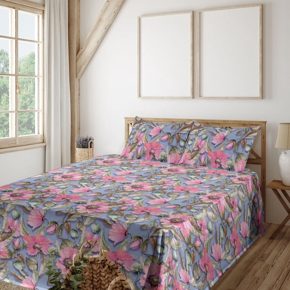 Ambesonne Floral Fitted & Flat Sheet with Shams 4 Pcs Set, Watercolor Poppy Botanical, Calking, Pastel Pink Sepia and Blue