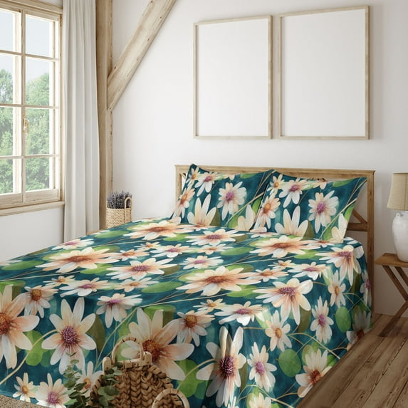 Ambesonne Floral Fitted & Flat Sheet with Shams 4 Pcs Set, Waterlily Leaves Art Summer, Calking, Fern Green Peach Teal