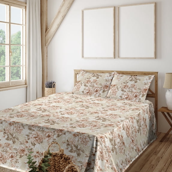 Ambesonne Floral Fitted & Flat Sheet with Shams 4 Pcs Set, Weathered Look Roses Pattern, Full, Off White and Pale Rose