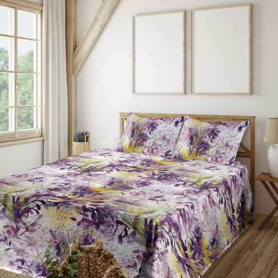 Ambesonne Floral Fitted & Flat Sheet with Shams 4 Pcs Set, Wild Flowers Scene Print, Full, Purple Mustard and Lime Green
