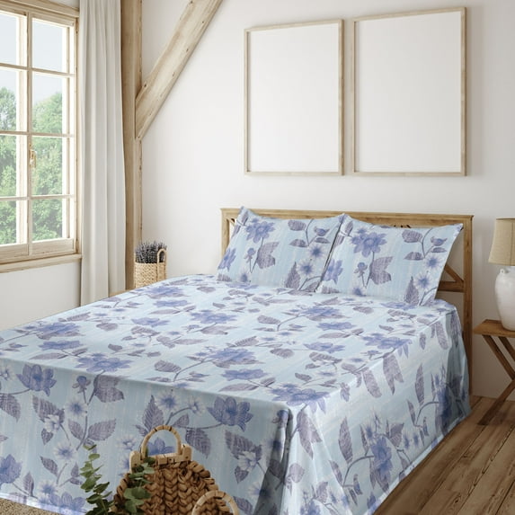Ambesonne Floral Fitted & Flat Sheet with Shams 4 Pcs Set, Winter Art Flower Sketchy, Queen, Pale Blue and Dark Indigo