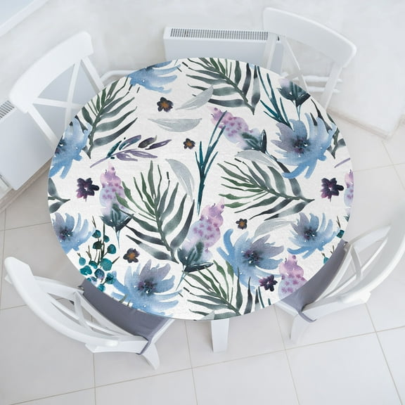 Ambesonne Floral Fitted Round Tablecloth, Art Pastel Botanical Flowers, 45"- 56" Diameter, Grey Teal Lilac Blue