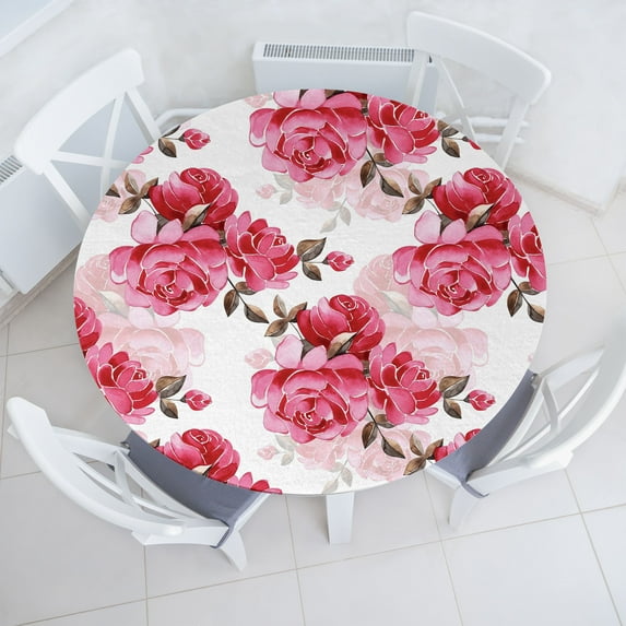 Ambesonne Floral Fitted Round Tablecloth, Art Romantic Peony Petals, 45"- 56" Diameter, Brown Pink and Magenta