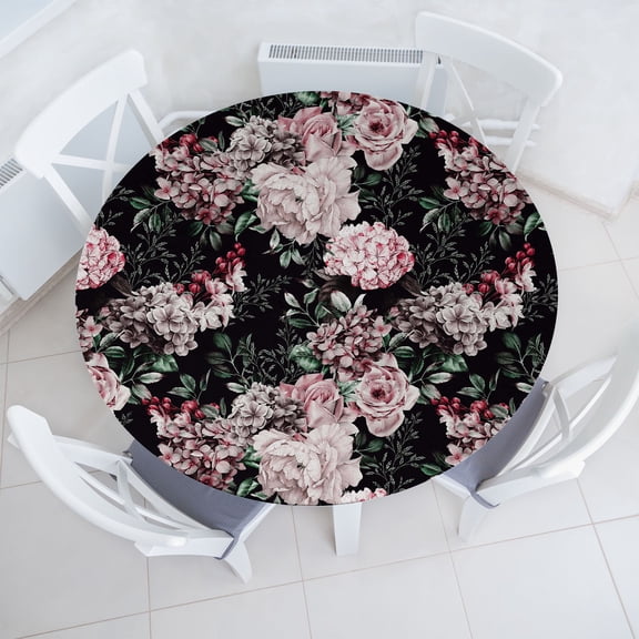 Ambesonne Floral Fitted Round Tablecloth, Art Secret Peony Hydrengea, 40"- 44" Diameter, Jade Green Pale Mauve