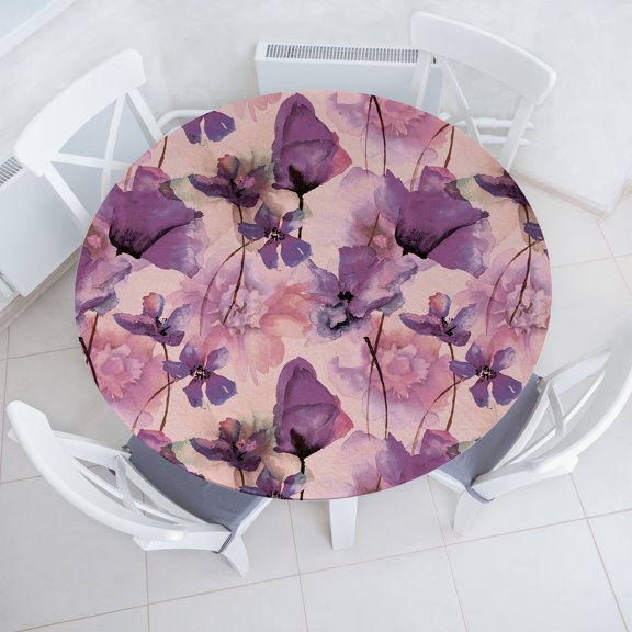 Ambesonne Floral Fitted Round Tablecloth, Art Wild Poppy Flowers Print, 45"- 56" Diameter, Blush Violet and Lilac