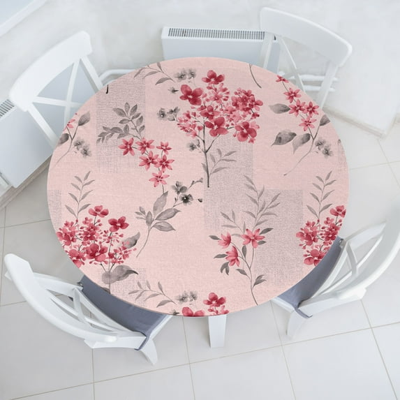 Ambesonne Floral Fitted Round Tablecloth, Asian Winter Flower Pattern, 40"- 44" Diameter, Burgundy and Pastel Pink