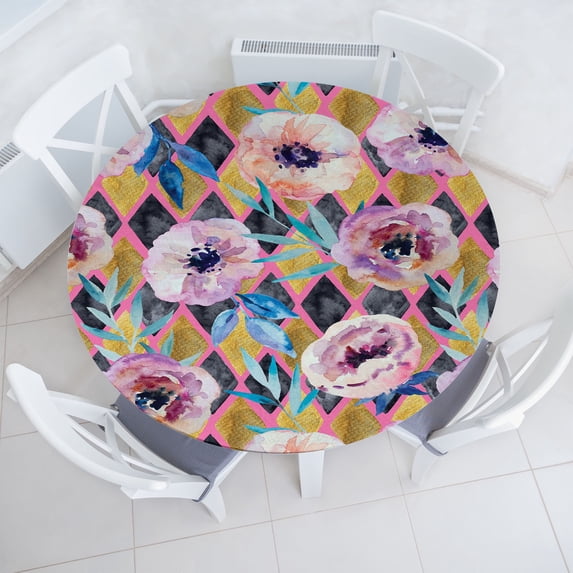 Ambesonne Floral Fitted Round Tablecloth, Botanical Anemone Bloom Art, 56"- 60" Diameter, Pink Dark Mustard Lilac