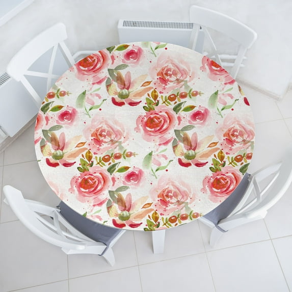 Ambesonne Floral Fitted Round Tablecloth, Botanical Grungy Watercolor, 45"- 56" Diameter, Pastel Pink and Pale Coffee