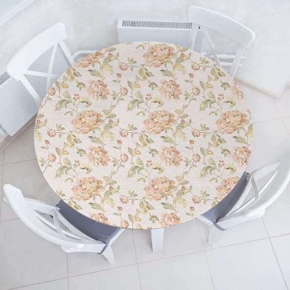 Ambesonne Floral Fitted Round Tablecloth, Botanical Spring Flowers Art, 40"- 44" Diameter, Eggshell Pale Rose