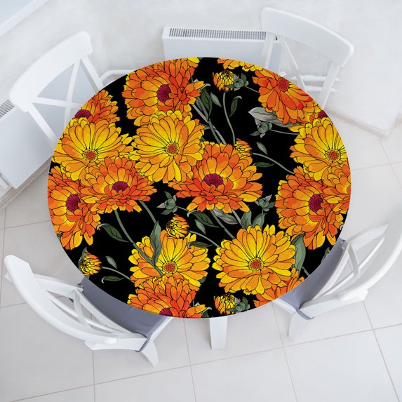 Ambesonne Floral Fitted Round Tablecloth, Calendula Flowers Pattern, 56"- 60" Diameter, Orange Laurel Green Black