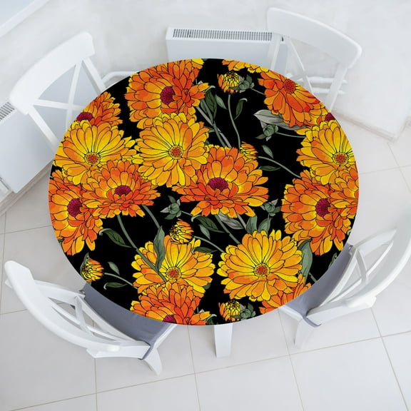 Ambesonne Floral Fitted Round Tablecloth, Calendula Flowers Pattern, 56"- 60" Diameter, Orange Laurel Green Black