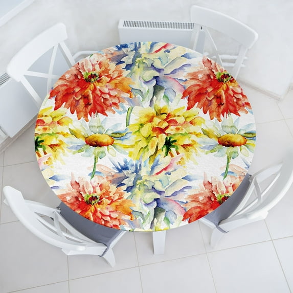 Ambesonne Floral Fitted Round Tablecloth, Chrysanthemum Flowers Print, 40"- 44" Diameter, Vermilion Mustard and Green