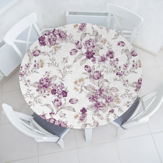 Ambesonne Floral Fitted Round Tablecloth, Classical Vibe Jungle Flower, 56"- 60" Diameter, Plum Pale Almond Green
