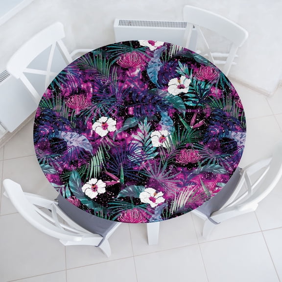 Ambesonne Floral Fitted Round Tablecloth, Cosmos Universe Bloom Starry, 56"- 60" Diameter, Fuchsia Purple Teal