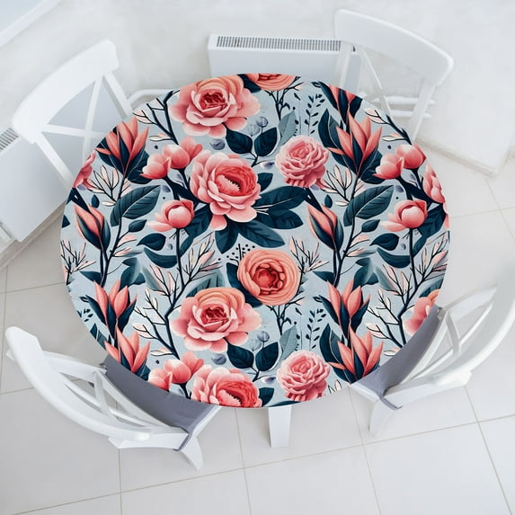 Ambesonne Floral Fitted Round Tablecloth, Delicacy in Rose Flowers, 36"- 40" Diameter, Coral Pale Blue Grey