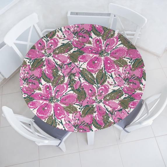 Ambesonne Floral Fitted Round Tablecloth, Dots Flowers Leaves Nature, 45"- 56" Diameter, Pink and Pale Almond Green