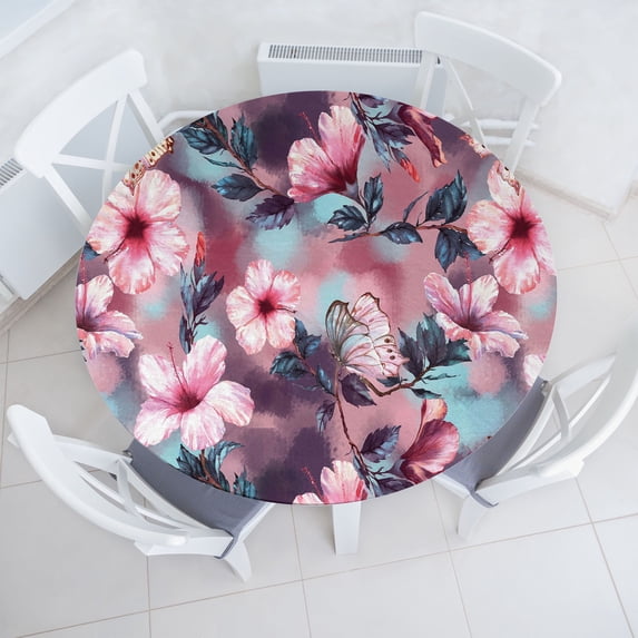 Ambesonne Floral Fitted Round Tablecloth, Exotic Hibiscus Flowers Art, 45"- 56" Diameter, Pink Plum and Pale Blue