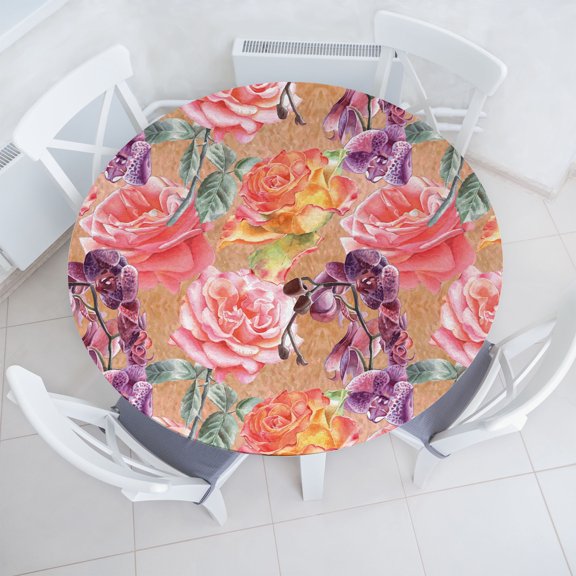 Ambesonne Floral Fitted Round Tablecloth, Exotic Roses and Orchid Art, 56"- 60" Diameter, Dark Peach Coral and Plum