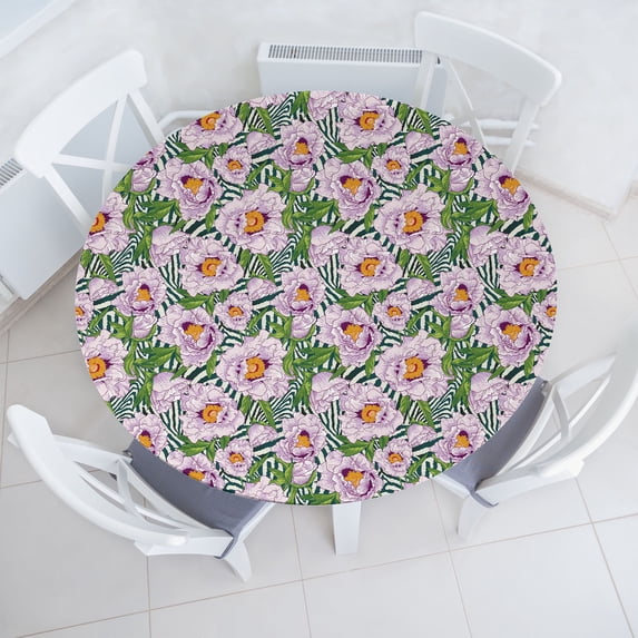 Ambesonne Floral Fitted Round Tablecloth, Flowering Nature of Tropical, 40"- 44" Diameter, Pastel Purple Fern Green